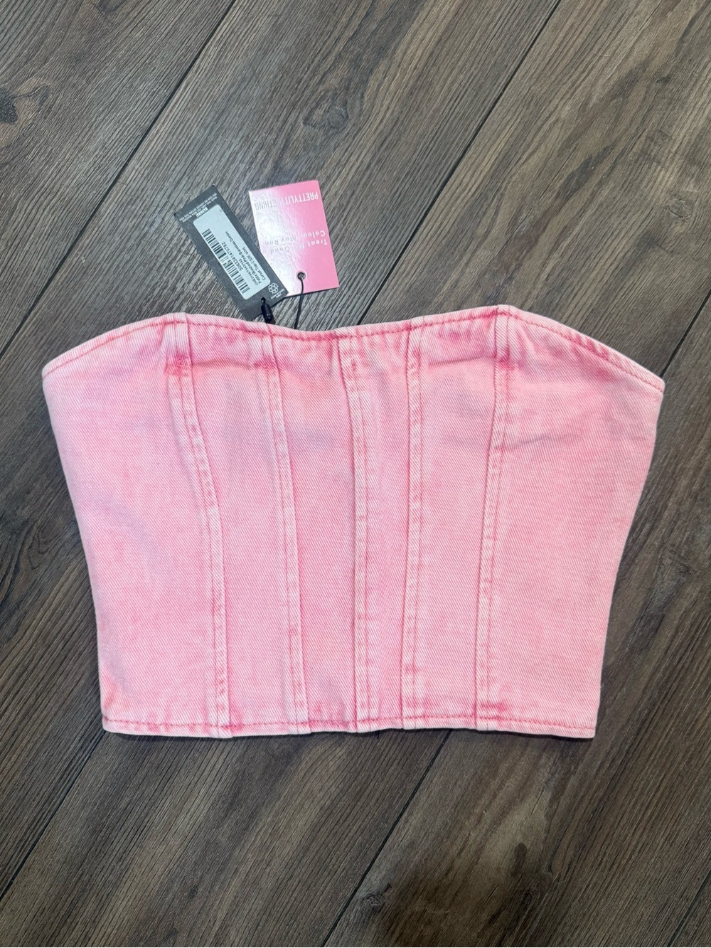 PrettyLittleThing Pink Washed Denim Corset Bandeau Top NWT UK 2